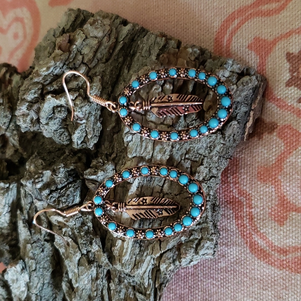 Feather Hoop Earrings. Oval Flower Floral Copper Color Boho Cowgirl Western - Picture 9 of 9